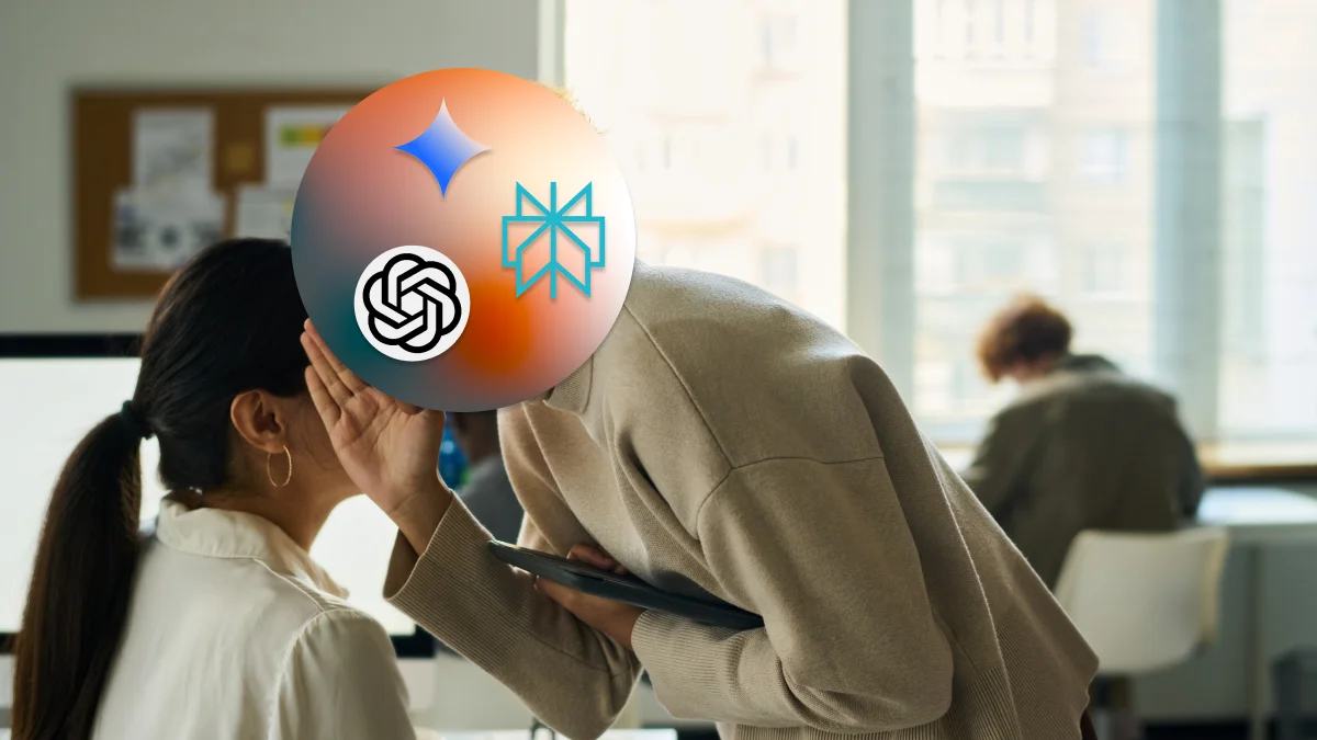 AI whispering to woman in office setting